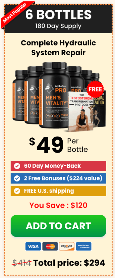 AlphaFuel Pro 6-bottle package on sale, complete male vitality system with discounted price and bonus offers