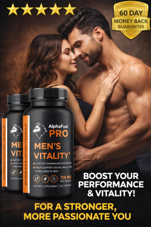 AlphaFuel Pro bottle with happy couple in background showing vitality and confidence